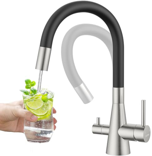 DAYONE 3 Wege Schwarz Wasserhahn Küche Flexibel, 3 in 1 Mischbatterie für Wasserfilter Osmose, 360° Drehbar Küchenarmatur Spültischarmatur mit Soft-Touch-Schlauch, Trinkwasserhahn mit Doppelhebel