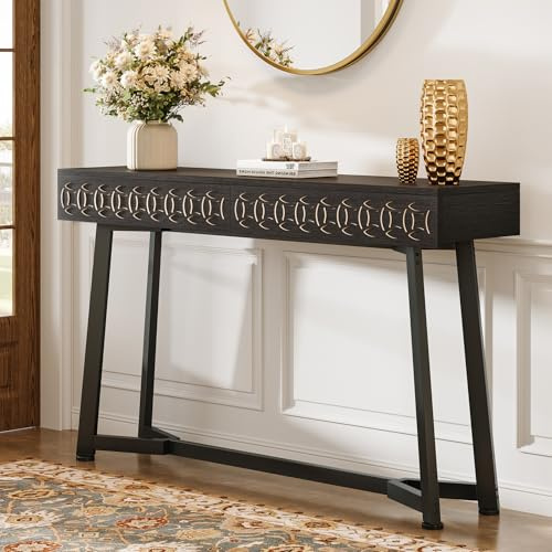 Tribesigns 140 cm moderner Konsolentisch, schwarzer Flurtisch mit 2 Schubladen, rechteckiger Sofatisch hinter der Couch für Eingang, Foyer, Flur, Wohnzimmer (schwarz)