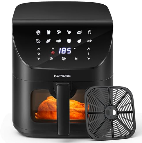 KOMORE Digital Air Fryer with Visual Window 8L, 1700W, 12 in 1 Compact Airfryers with Touchscreen, RapidAir Technology for Extra Crisp, 60mins Timing, Nonstick & Dishwasher Safe, Oil-Free, Black