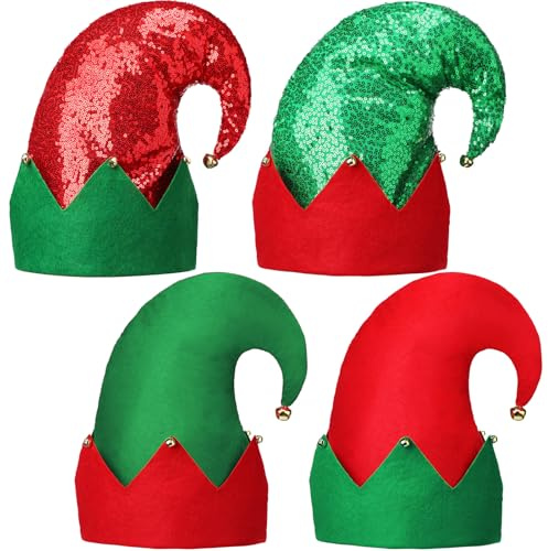 Jamntower 4 Pcs Christmas Elf Felt Hat with Bells Colorful Xmas Hats Unisex Holiday Outfit for Christmas Xmas Party Cosplay(Glitter)