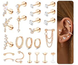 Adramata Helix piercing smycken kirurgiskt stål tragus örhängen set platt baksida örhängen nitar öronpiercing conch helix ring broskörhängen daith tragus piercingar, Rostfritt stål