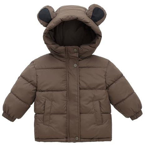 Giacca trapuntata per bambini, piumino imbottito in pile, con orecchie d'orso, giacca invernale calda, per attività all'aria aperta, in tinta unita, leggera, comoda, per tutti i giorni e casual, caffè