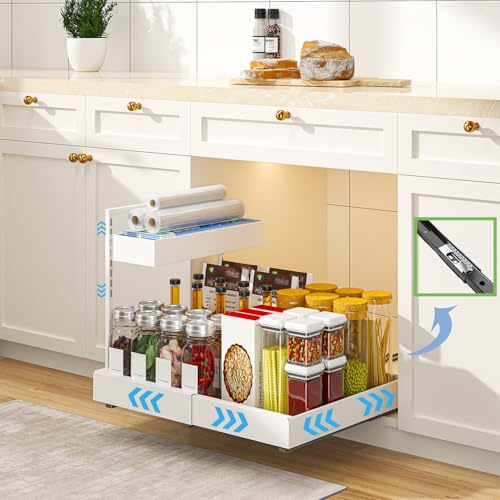 YunNasi Ampliable Organizador Bajo Fregadero, 2 Niveles Especieros para Cocina, Organizador Cocina, Cajonera Extraíble para Cocina, Baño, Armario, Alacena (Blanco)
