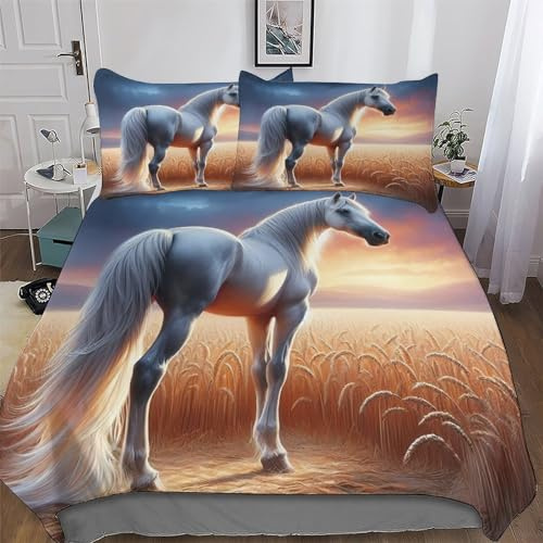 AASWDDS Animal Cheval Parure De Lit - Microfibre 3 Pièces Housse De Couette Douce - Linge De Lits avec Taies d'oreiller pour Enfants Adultes King(220x240cm)