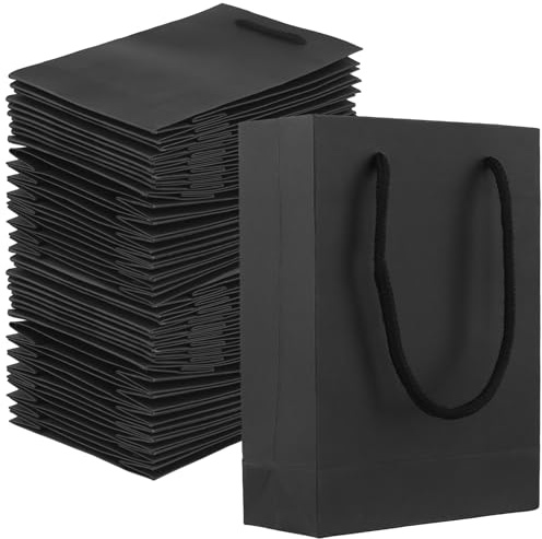 CHEUKYIU 50 stycken svarta papperspåsar med handtag, 13 x 6 x 19 cm presentpåsar svart, kraftpapperspåsar med handtag för födelsedag, presenter, bröllop