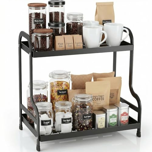 Exquilnova 2-Tier Kaffee Organizer, Kaffeebar Zubehör Organizer, Küchenregal Arbeitsplatte, Gewürzregal, Kaffeestation Tassenregal für Coffee Bar, Küche, Zuhause, Büro - Etagere Schwarz Metall