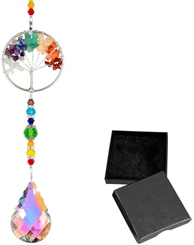 Tree of Life Rainbow Hanging Ornament with Gift Box, Spiritual Gifts | Natural Crystals Display Suncatcher for Windows, Unique Spiritual Gifts for Women and Crystal Gifts Home Decor, Crystal Tree.
