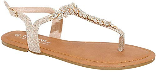 TRENDSUP COLLECTION Womens T-Strap Buckle Flats Sandals (6.5, Champagne Glitter)