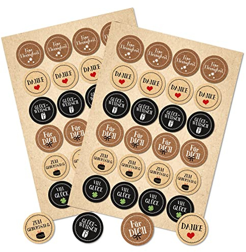 Logbuch-Verlag 48 Viel Glück Danke Geburtstag Aufkleber Sticker Set Etiketten selbstklebend Geschenkaufkleber rund 4 cm schwarz beige braun