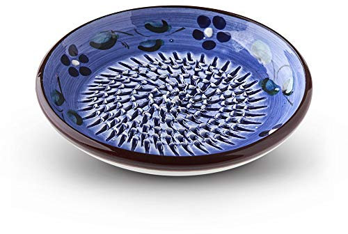 Garlic Grater Plate. (#Ref 5). Handmade and Hand Painted in Cordoba, Spain. Garlic Grater Plate, Blue with Brown Rim and Flowers.