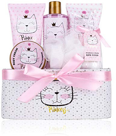 Accentra – Geschenkset Princess Kitty für Mädchen & Frauen, 7-teiliges Duschset mit Schaumbad, Peeling, Duschgel, Bodylotion & mehr – Pflegeset mit Erdbeer & Vanille Duft in Geschenkbox zu Weihnachten