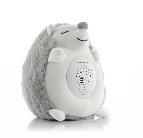 InnovaGoods - Erizo de Peluche Proyector y Ruido Blanco Spikey, Tacto Suave, Secuencia LED RGB, 5 Niveles de Volumen, 15 Melodías, 3 Sonidos Blancos, Apagado Automático 30 min, Blanco.