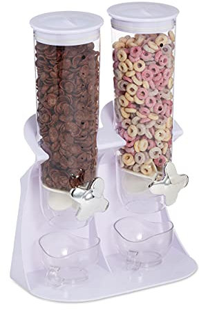 Relaxdays Dispensador Cereales Doble, Dosificador Frutos Secos, Desayuno, Botes Golosinas, Recipientes Plástico, Blanco
