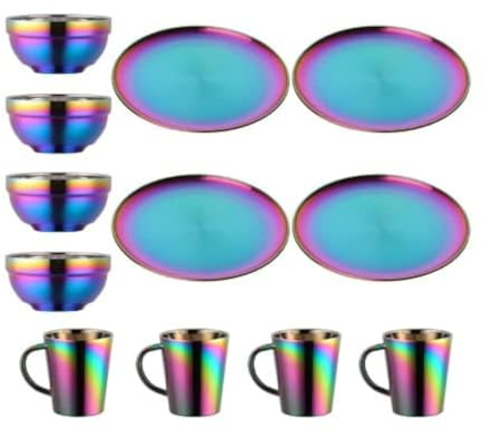 Service de table avec assiettes, bols et tasses à expresso, en acier inoxydable, ensemble de 4 tasses à café isothermes pour la maison, l'appartement, les mariages, les acheteurs d'étoile, arc-en-ciel