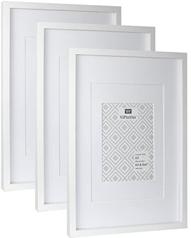 A3 Picture Frame 3-Pack - White Modern Wooden Frames with Double Mounts for A4 & 6x8 Photos,Shatterproof Acrylic Front,Wall Mount or Tabletop Display for Home,Office,Gallery