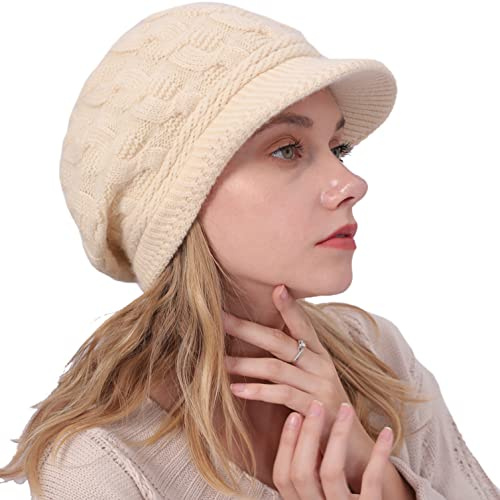 Cozyan Damen Winter Strickmütze Warm Baskenmütze Gerippte Kappe Wintermütze Beanie Schirm Visor Geeignet für Sport und Freizeit im Freien