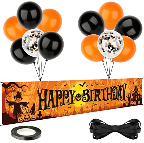 Decoración Cumpleaños Halloween 12pcs Globos + Pancarta Happy Birthday para Fiesta Cumpleaños Halloween