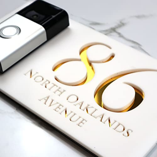 K Smart Sign | Right Text F32 | Bellissima Video Doorbell house sign door number plaques for Nest Ring Wifi doorbell plate mount | Matt White | 300mm x 160mm (Matt White & Gold Mirror)