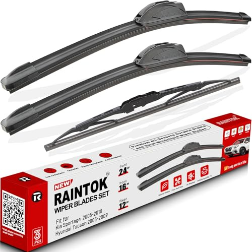 RAINTOK Windshield Wiper Blades Replacement for 2005 2006 2007 2008 2009 2010 Kia Sportage Hyundai Tucson Original Factory Quality Front Rear Wipers Blade Set for My Car - 24 16 12 (Pack of 3)