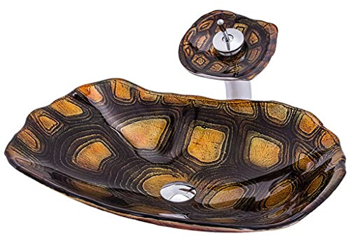 Bathroom Sinks Modern Tempered Glass Turtleback Pattern Abstract Art Style Washbasin with Waterfall Tap and Pop Up Drain Deck Mounted (Color : Yellow, Size : 60x43x12cm)