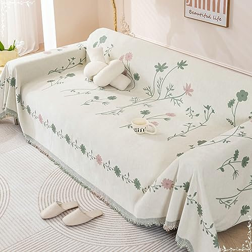 Homxi Sofa Überzug Einsitzer,180x130CM,Sofahusse Universal Blumenzweige mit Quasten Überzug Sofa Chenille Sofa Handtuch Grün Sofabezug Sitzer