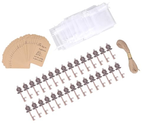 Set Apribottiglie con Chiave Vintage Rosa Fai-da-te, 30 Pezzi con Cartellini, Costruzione in Lega di Zinco, per Decorazioni di Nozze per Feste