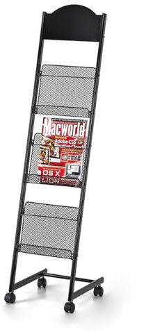 Bodenständer Magazinständer 3-lagig Mit Rollen Broschürenständer Literatur-Display-Ständer, Hochhärtes Metall Für Empfangsräume Oder Büroräume, Schwarz