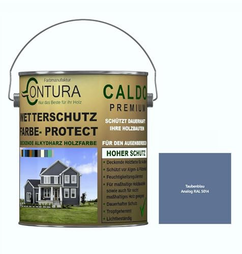 Contura Wetterschutzfarbe 1 Liter Holz Dauerschutzfarbe Deckend Buntlack Holzfarbe Holzlasur Seidenmatt (Taubenblau - RAL 5014 Analog)