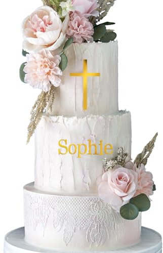 54pcs A-Z Lettres Gâteau Topper et 2pcs 15cm Décoration de Gâteau Personnalisé Croix Or Joyeux Anniversaire en Miroir Acrylique Capitale Alphabet Cake Topper pour Baptême Communion Confirmation Fête