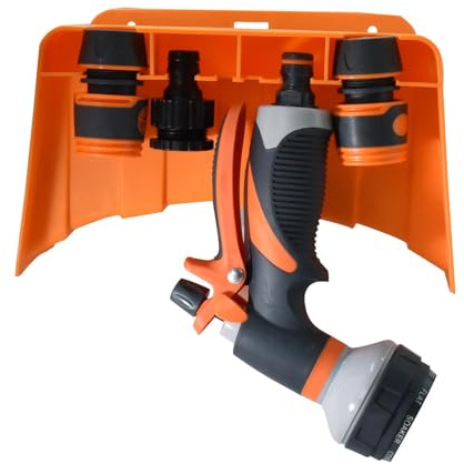 Soporte para manguera de jardín, soporte de manguera montado en la pared, soporte de manguera naranja para interiores y exteriores, estante de almacenamiento de manguera para patio, cobertizo