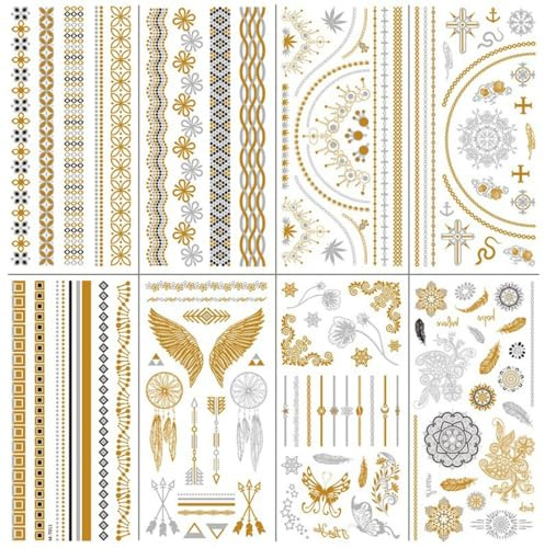 NJCXOLA 8 Blatt 110+ Gold Temporäre Tattoos Aufkleben Damen Flash Glitzer Goldene, Metallic Festival Accessoires Party Zubehör Frauen Mädchen Haut Klebetattoos Erwachsene Halloween