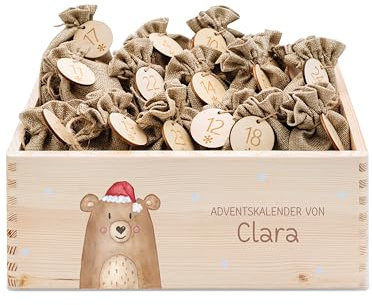 wunderwunsch® - Personalisierter Adventskalender zum selber befüllen - Adventskiste Holz mit kinderfreundlichem Druck - mit Juteschnur Jutesäckchen und Holzzahlen Bär Mütze