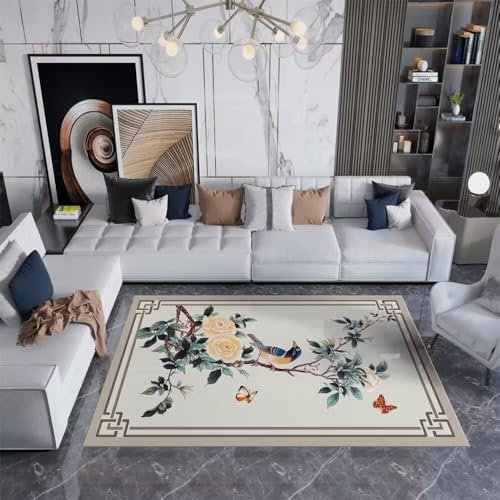 RUGMRZ Spiele Teppich Mädchen Weich Blumendekoration gelb kleine Blumen grüne Blätter verblassen Nicht Terrassen Auslegware Kinderzimmer 60X90CM