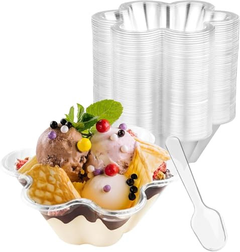 LATERN 60 Piezas Vasos de Postre de Plástico con Cucharas, 240ml Tazas de Postre con Forma de Flor Vasitos de Aperitivo para Parfait Transparentes Reutilizables Servir Cuencos para Fiesta (12cm x 5cm)