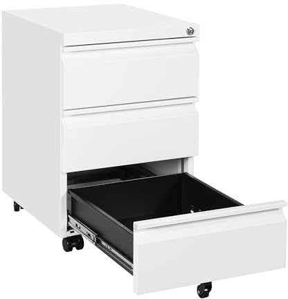 LVSTEEL Rollcontainer, Aktenschrank Abschließbar mit 4 Schlüsseln, Büroschrank aus Metall, Aktenschrank unter Schreibtisch, mit 3 Schublade, Vormontiert, Abschließbarer, Büro, Weiß