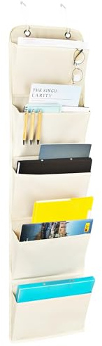 Jesustree Tableau de Poche Rangement Dossier Organisateur en Tissu Fichiers Suspendus Format Lettre 5 Pochettes avec étiquette Support pour Bureau Maison Magazine, Blanc