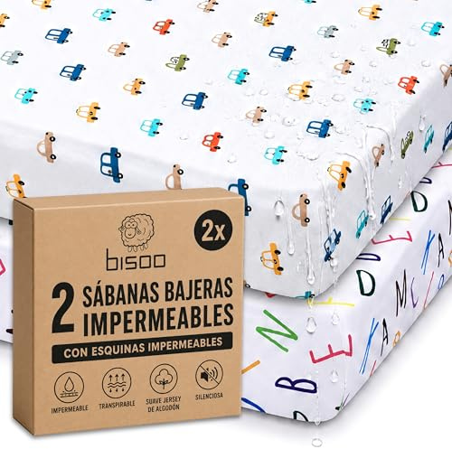 Bisoo Sabana Magica 80x160 Letras + Coches. Bajera Impermeable para Cama | Sabana y Protector en una Pieza, Ahorro, Impermeable, Transpirable, Silenciosa, Algodon Jersey Oeko-Tex