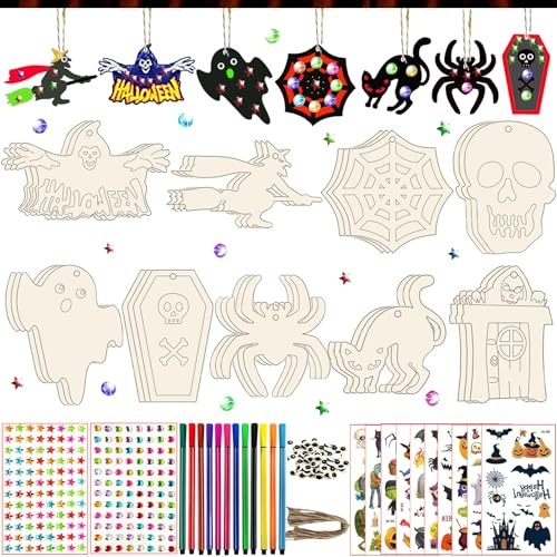 FZYESNO 290PCS Halloween Basteln Kinder, Holzanhänger zum Bemalen, DIY Halloween Deko Kinder (Holz), Hängende Holz Bastelset, Halloween Basteln enthält Zahlreiche Accessoires