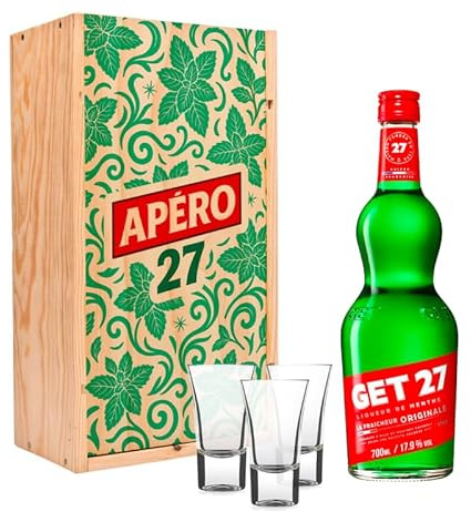 Coffret cocktail complet GET 27 - Kit apero a offrir avec boite en bois, Bouteille personnalisée & 3 verres shooters [ Coffret verre Personnalisé ]