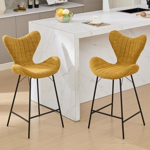chairus Juego de 2 Taburetes de Bar de Diseño en Chenilla Sillas de Isla de Cocina con Respaldo de ala de Mariposa, Taburetes Altas con Estructura de Hierro Negro para Cocina/Cafetería, Amarillo