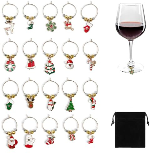 VLYX Weinglas-Anhänger - Weihnachtsmotiv-Serie - 20er-Set mit Samtbeutel zur Gläserkennung, Weinprobe Party-Dekoration