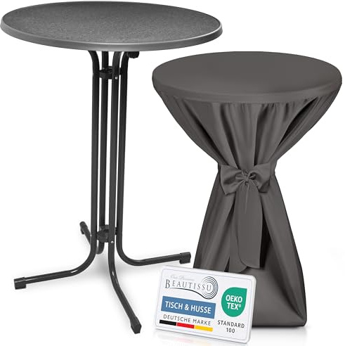 Beautissu Stehtisch klappbar mit Stehtischhusse & Schleifenband rund | 80cm Grauer Tisch Husse Anthrazit wetterbeständig Outdoor Bistrotisch kratzfest UV-beständig rutschfest waschbar Bellini