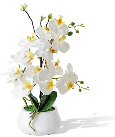 PlusFive Künstliche Orchideen im Topf - Weiße Phalaenopsis Kunstblumen aus Seide, Orchideen künstlich wie Echt für Innendekoration, Tischdekoration, Fensterbank Deko, Dekoration Wohnzimmer (43 cm)