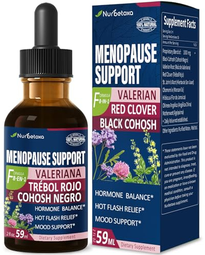 Nurbetoxa Black Cohosh Liquid Drops for Menopause Hot Flashes, 8-in-1 Herbal Supplements Tincture w/Red Clover, Motherwort Extract for Night Sweats. Cimicifuga & Valeriana para Menopausia. 2oz