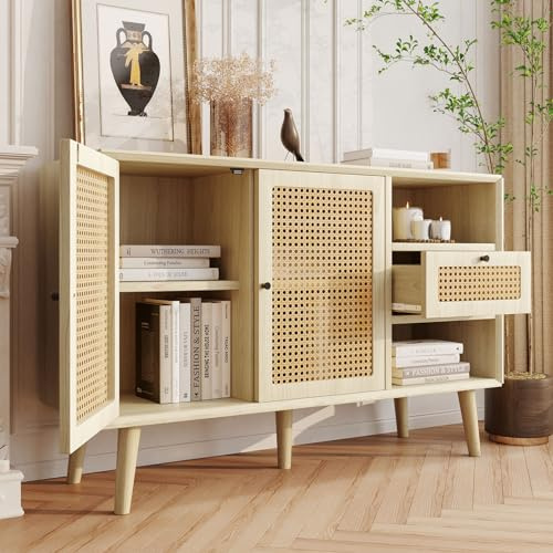 OLIVIBED Aparador 120 ancho, cómoda con cajones y puertas correderas, aparador con frentes de ratán, armario de salón de madera, salón, comedor, estilo rústico, color natural, 120 x 40 x 80 cm