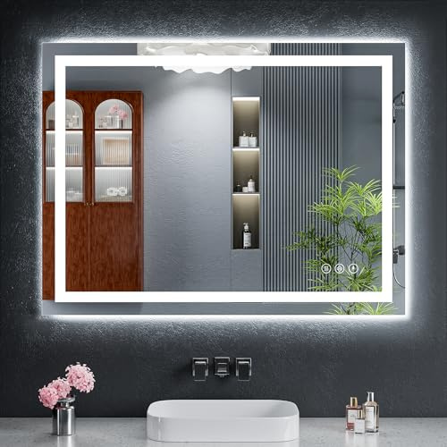 40x30 LED Bathroom Mirror with Lights, Backlit + Front Lit with CRI>90, Lighted Mirror for Bathroom, Anti-Fog, Dimmable Brightness, 3 Colors, Memory Function, Shatterproof Tempered Glass