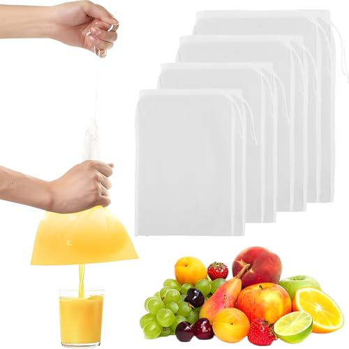 THQAE 8 Pièces Sac Filtrant, Etamine Alimentaire, Etamine pour Confiture, Passoire Tissu Blanc, Nylon, Sac Filtrant pour Jus de Légumes et Fruits, Café, Lait Avoine, Lait Vegetal (4 tailles)