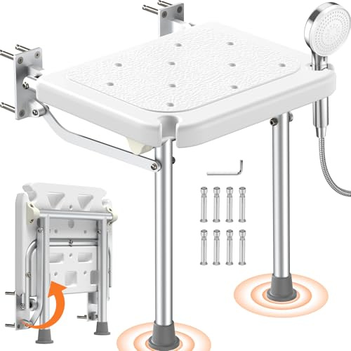 Luckfaith LC13 Asiento de Ducha Abatible de Pared – Silla de Ducha Plegable con Patas de Apoyo hasta 158 kg, Asiento de Baño Antideslizante para Personas Mayores, Ancianos y Discapacitados