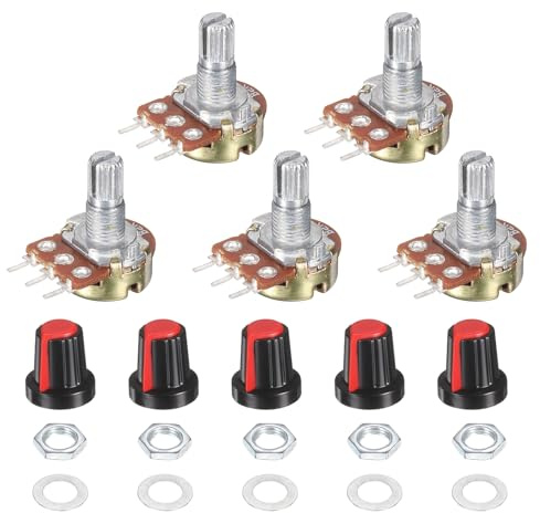 sourcing map 5 Set WH148 5K Potentiometer Kit Ohm Variable Resistor Red | Linear Taper Adjustable Rotary Potentiometer for Audio Applications Devices with Plastic Knobs Nuts and Washers