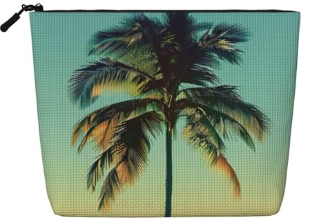 Palm Tree Travel Cosmetic Case Fake Hemp Large Capacity Zippered Bag Water Resistant Daily Organizer